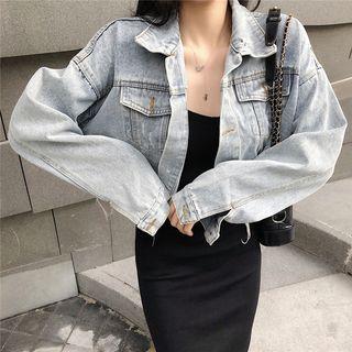 Set: Cropped Denim Jacket + Spaghetti Strap Mini Sheath Dress