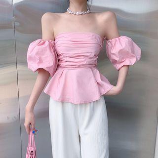 Puff-sleeve Off-shoulder Ruched Top / High-waist Plain Wide-leg Pants