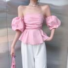 Puff-sleeve Off-shoulder Ruched Top / High-waist Plain Wide-leg Pants