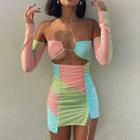 Set: Spaghetti Strap Color Block Cut-out Mini Bodycon Dress + Arm Sleeves