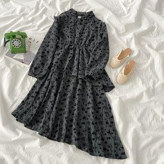 Long-sleeve Floral Asymmetrical Midi A-line Dress