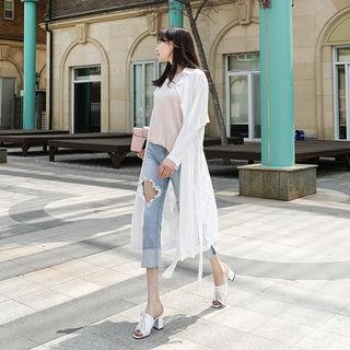 Lace-back Chiffon Long Coat With Sash