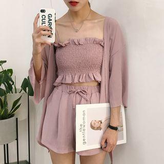 Set: Plain Light Jacket + Frill Trim Spaghetti Strap Top + Shorts