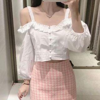 Elbow-sleeve Cold Shoulder Ruffled Crop Top