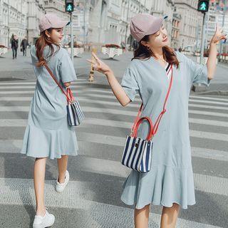V-neck Elbow Sleeve Ruffle Hem Midi Dress