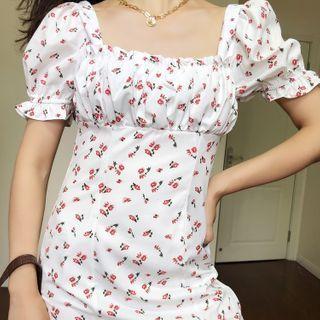 Floral Square-neck Slim-fit Short-sleeve Dress