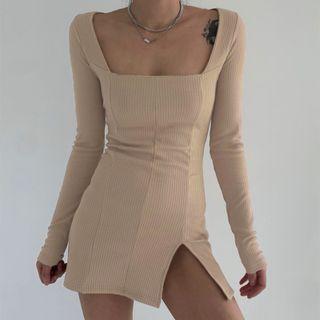 Square Neck Ribbed Mini Dress