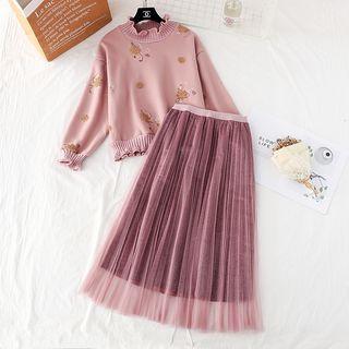 Set: Mock Neck Flower Embroidered Pullover + Mesh Overlay Midi Skirt