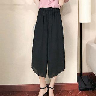 Set: Short-sleeve Chiffon Blouse + Wide Leg Cropped Pants
