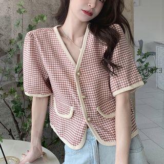 Puff-sleeve Plaid V-neck Cardigan