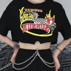 Elbow-sleeve Chain Attached Printed Cropped T-shirt Black - One Size