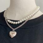 Heart Faux Pearl Chain Layered Necklace Silver - One Size