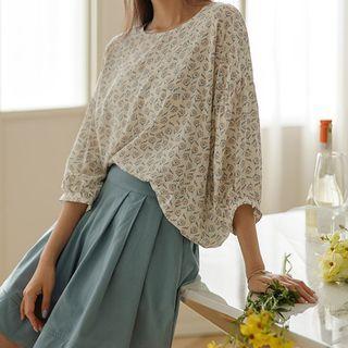 Drawstring-hem Floral Silky Blouse