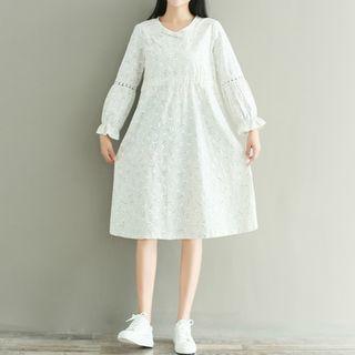 Dandelion Print Long-sleeve A-line Midi Dress