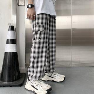 Chain-accent Plaid Wide Leg Cargo Pants