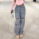 High-waist Straight-fit Distressed Jeans