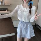 Lace Long-sleeve Blouse / Plaid High-waist Mini A-line Skirt