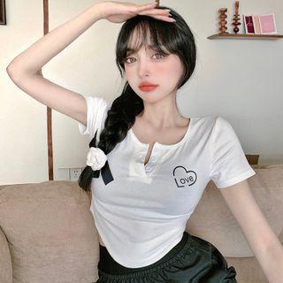 Short-sleeve Heart Print Henley Top