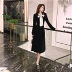 Long-sleeve Bow Velvet Midi Dress