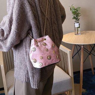 Embellished Velvet Crossbody Bucket Bag
