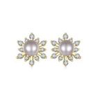 Sterling Silver Plated Gold Fashion Elegant Snowflake Freshwater Pearl Stud Earrings With Cubic Zirconia Golden - One Size