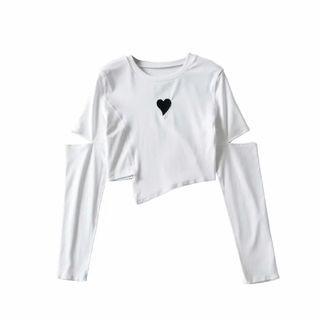 Long-sleeve Heart Embroidered Cutout Irregular T-shirt