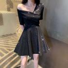 Glitter Off-shoulder Mini A-line Dress