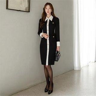 Contrast-trim Faux-pearl Midi Sheath Dress