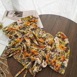 Floral Print Drawstring Cropped Chiffon Top