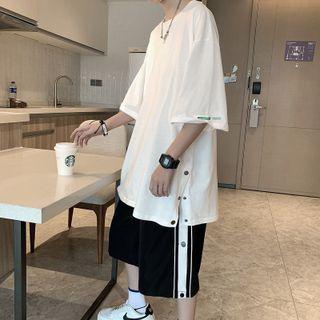 Round-neck Button-up Split Oversize Top