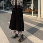 Plain High-waist Velvet Panel Pleated Skirt Black - One Size