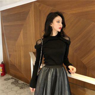 Mock Neck Mesh Panel Knit Top