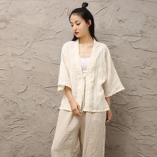 Bell-sleeve Tie-front Linen Blouse