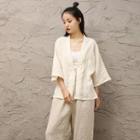 Bell-sleeve Tie-front Linen Blouse
