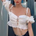 Lace-up Cold-shoulder Short-sleeve Cropped Top