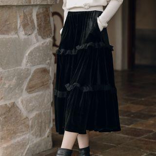 Ruffle Trim Tiered Midi A-line Skirt Black - One Size