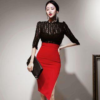 Set: Lace Elbow-sleve Blouse + Slid-slit High-waist Pencil Skirt
