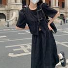 Short-sleeve Frog-button Crop Top / Midi A-line Skirt