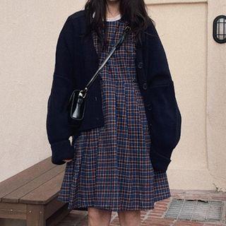 Plain Knit Cardigan / Plaid A-line Dress