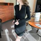 Half-zip Knit Mini Sheath Dress Black - One Size