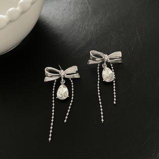 Bow Alloy Fringed Earring 1 Pair - Earrings - Silver Pin - Tassel - Bow - Silver - L