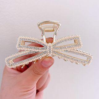 Bow Rhinestone Faux Pearl Hair Clamp Gold - One Size