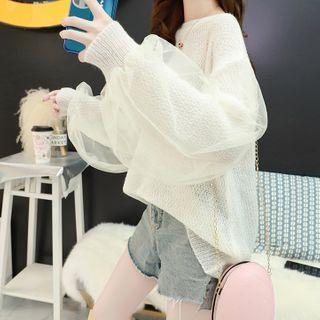 Knit Mesh Balloon-sleeve Top