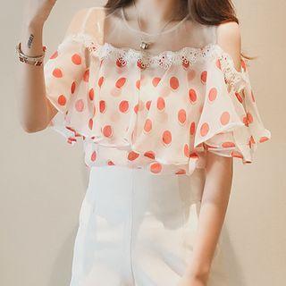 Polka Dot Cold-shoulder Chiffon Blouse
