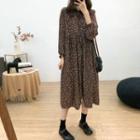 Long-sleeve Floral Print Midi A-line Shirt Dress