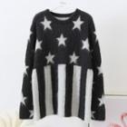 Long-sleeve Star Striped Sweater Black - One Size