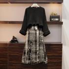 Distressed Sweater / Plaid Midi A-line Skirt / Set