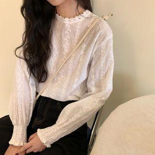 Lantern-sleeve Crochet Blouse White - One Size