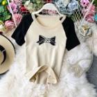 Short-sleeve Bow Print Knit Top Almond - One Size