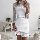 Crochet Mock Turtleneck Long-sleeve Mini Sheath Dress